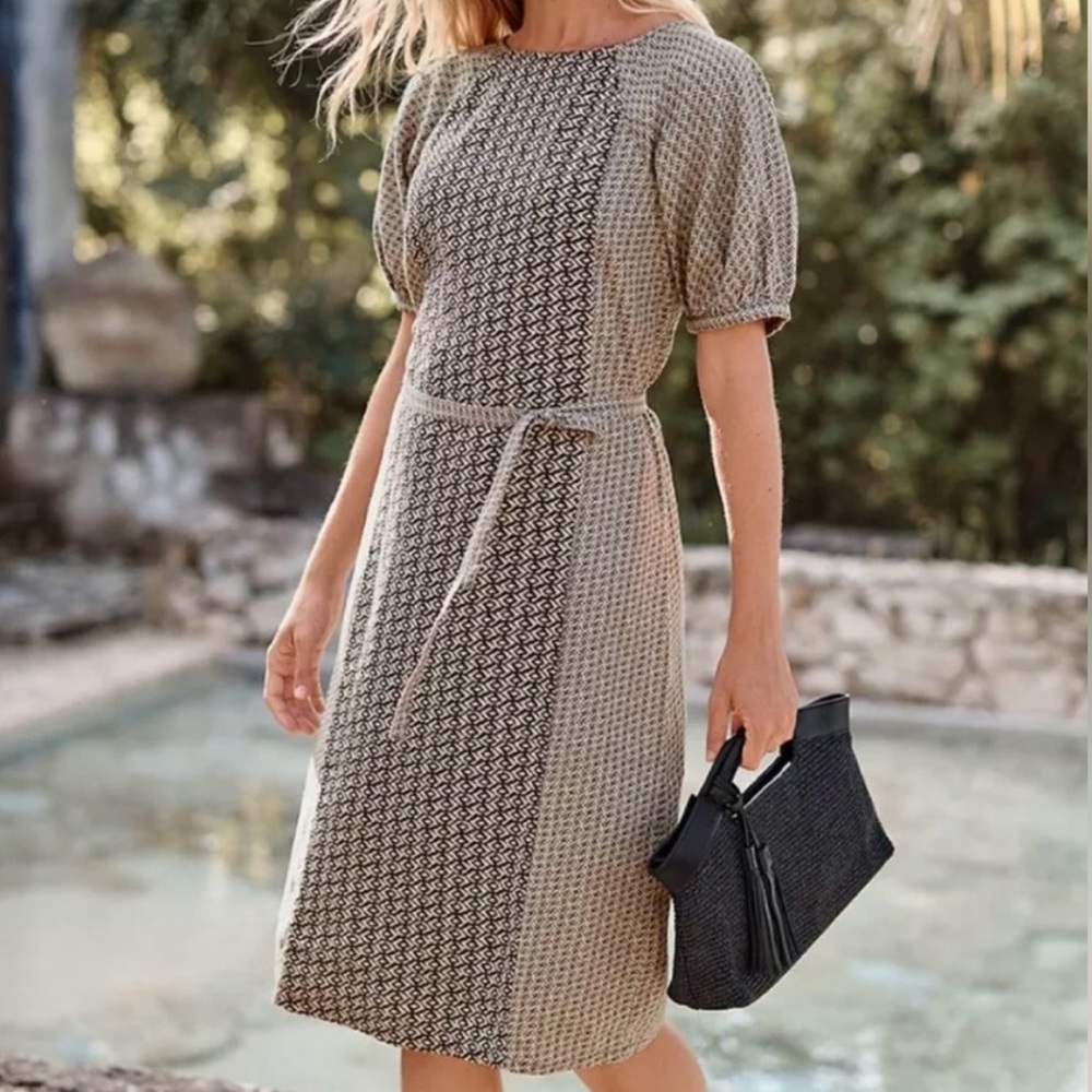 Garnet Hill Imogene Linen Midi Puff Sleeve Belted Print Dress Black Tan Beige L - Picture 2 of 16